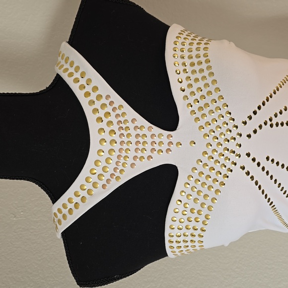 Bebe White Sleeveless Dress with Gold Studded pattern in Size L - Picture 2 of 8